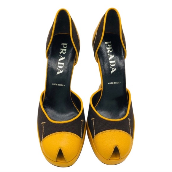 Prada Shoes - PRADA MUSTARD YELLOW LEATHER & BRWN CANVAS PEEPTOE